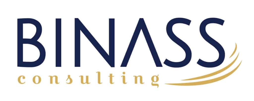 Logo BINASS Consulting : Expertise et Conseil Premium Logo BINASS Consulting : texte bleu marine avec le 'A' stylisé, sous-titre 'consulting' en or et des courbes dorées ascendantes.