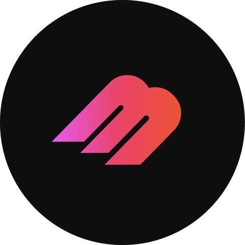 Logo M Ailé Rose Orange | Design Moderne Logo stylisé en forme de 'M' avec des ailes ou des barres obliques, dégradé de rose vif à orange, sur fond noir circulaire.