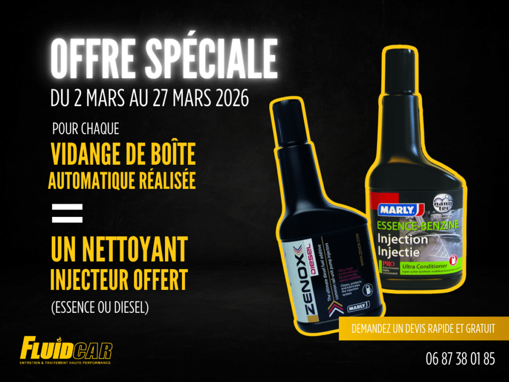 Offre Fluidcar : un nettoyant injecteur offert pour chaque vidange de boîte automatique du 2 au 27 mars 2026.